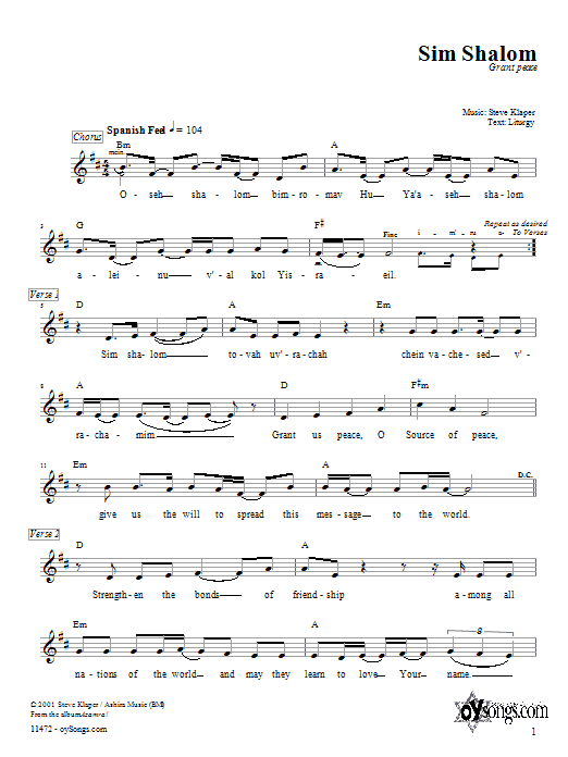 Steve Klaper Sim Shalom sheet music notes and chords arranged for Lead Sheet / Fake Book