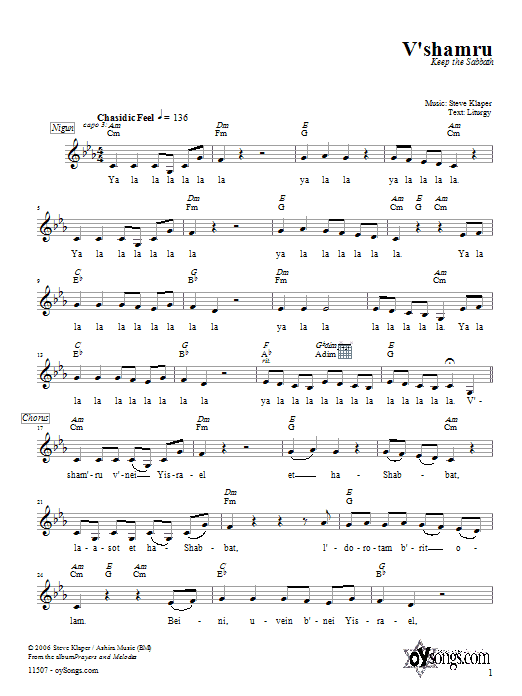 Steve Klaper V'shamru sheet music notes and chords arranged for Lead Sheet / Fake Book