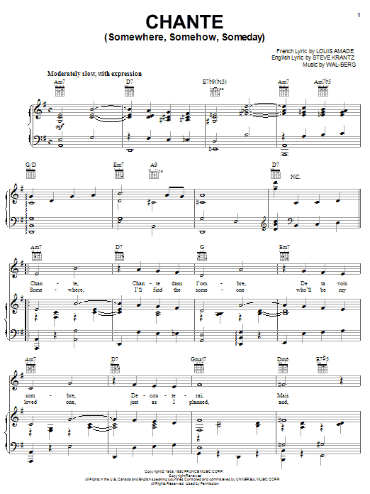 Steve Krantz Chante (Somewhere, Somehow, Someday) sheet music notes and chords arranged for Piano, Vocal & Guitar Chords (Right-Hand Melody)