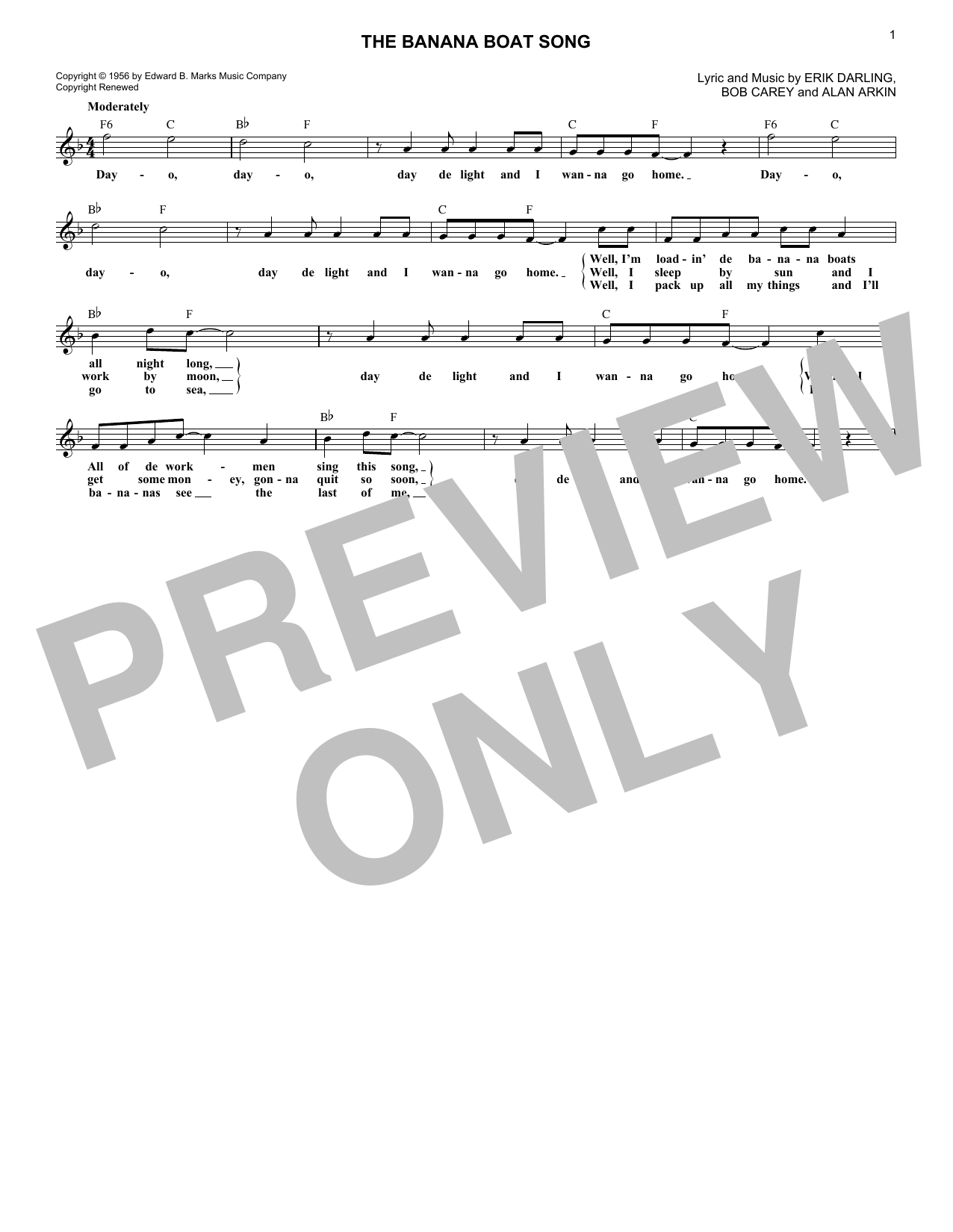 Steve Lawrence The Banana Boat Song sheet music notes and chords arranged for Lead Sheet / Fake Book