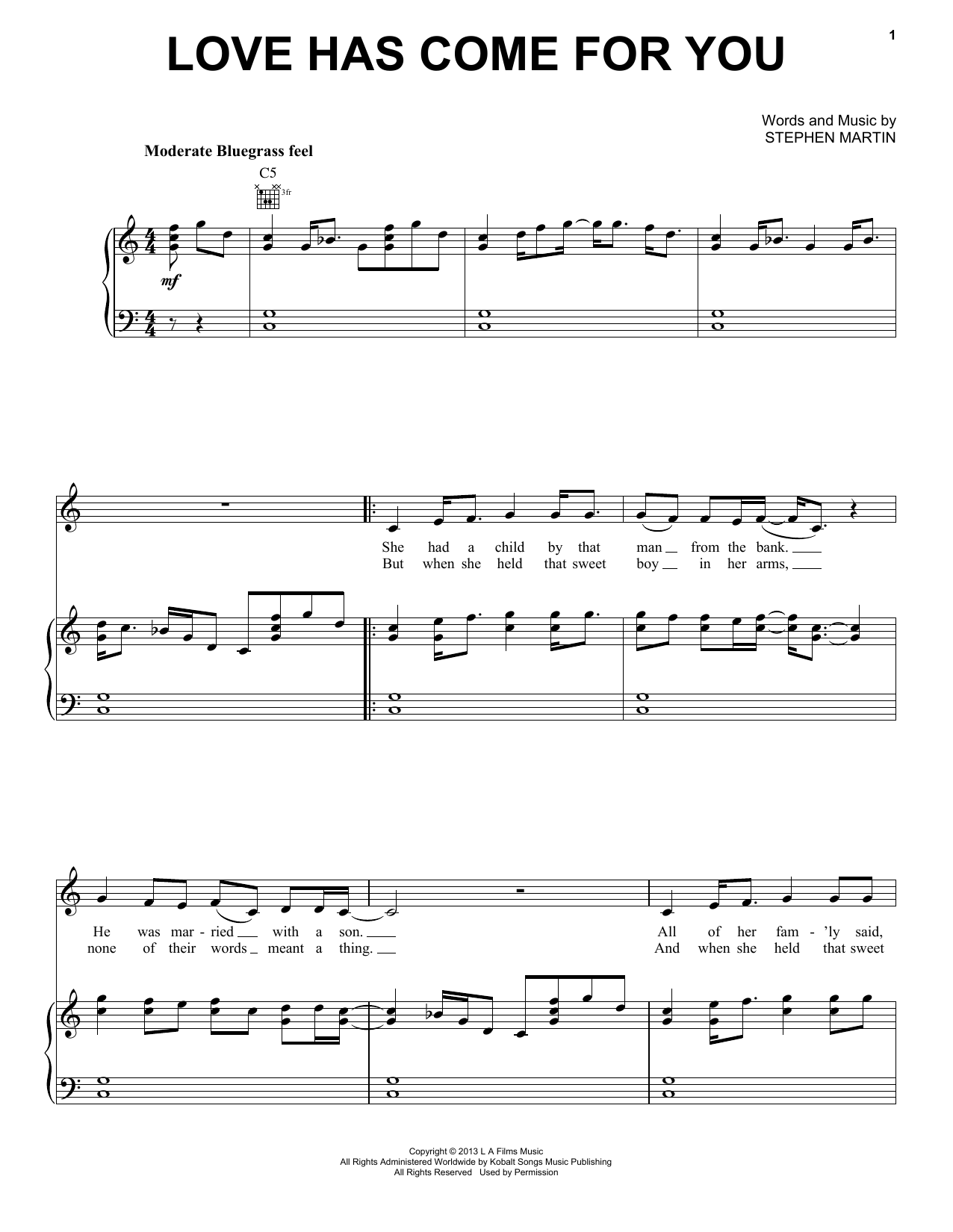 Steve Martin & Edie Brickell Love Has Come For You sheet music notes and chords arranged for Piano, Vocal & Guitar Chords (Right-Hand Melody)