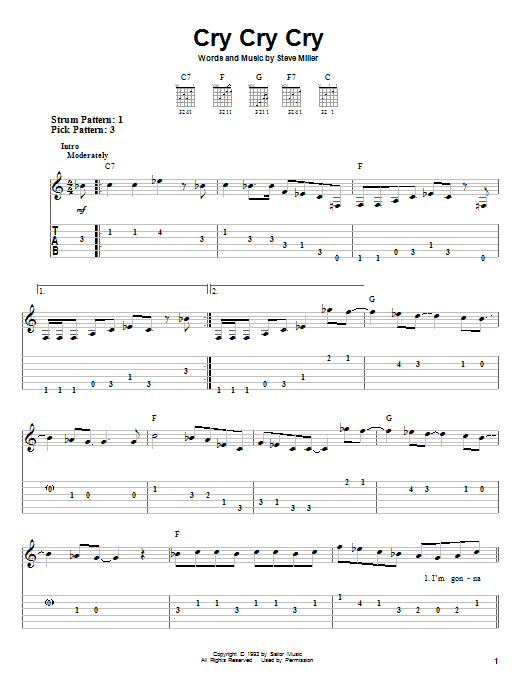 Steve Miller Band Cry Cry Cry sheet music notes and chords arranged for Guitar Tab