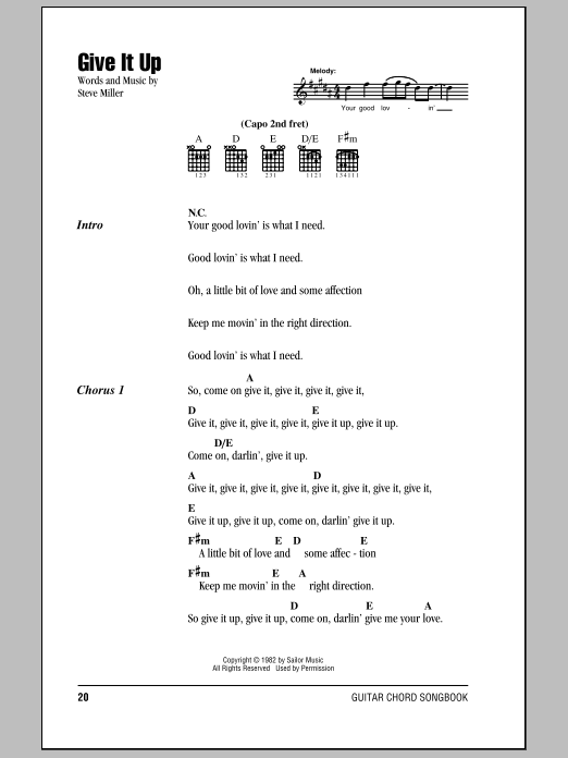 Steve Miller Band Give It Up sheet music notes and chords arranged for Guitar Chords/Lyrics