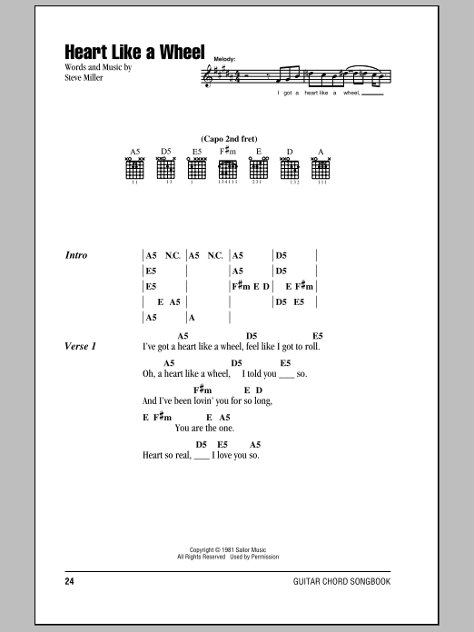 Steve Miller Band Heart Like A Wheel sheet music notes and chords arranged for Guitar Chords/Lyrics