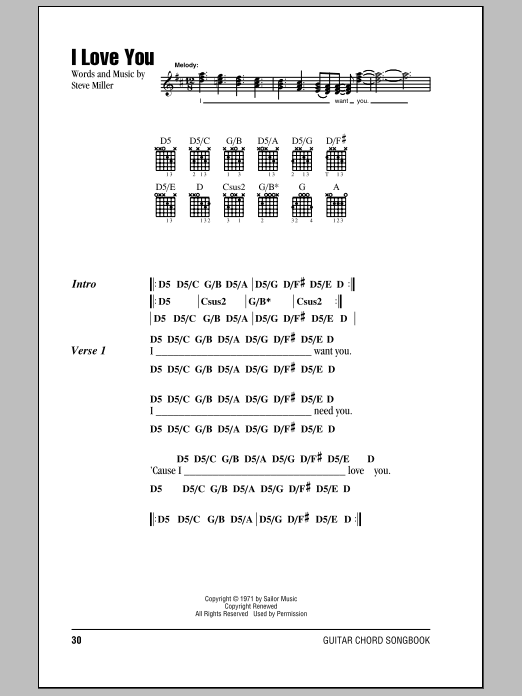 Steve Miller Band I Love You sheet music notes and chords arranged for Guitar Chords/Lyrics