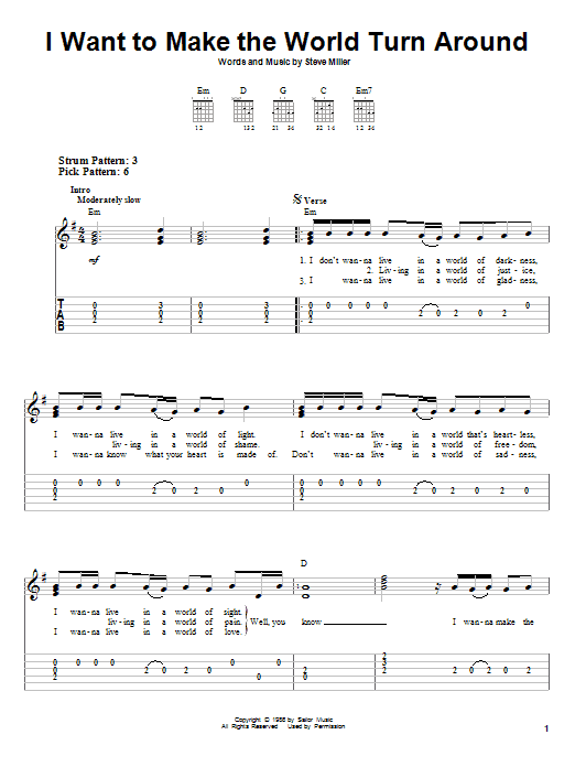 Steve Miller Band I Want To Make The World Turn Around sheet music notes and chords arranged for Guitar Tab