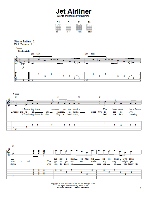 Steve Miller Band Jet Airliner sheet music notes and chords arranged for Guitar Chords/Lyrics