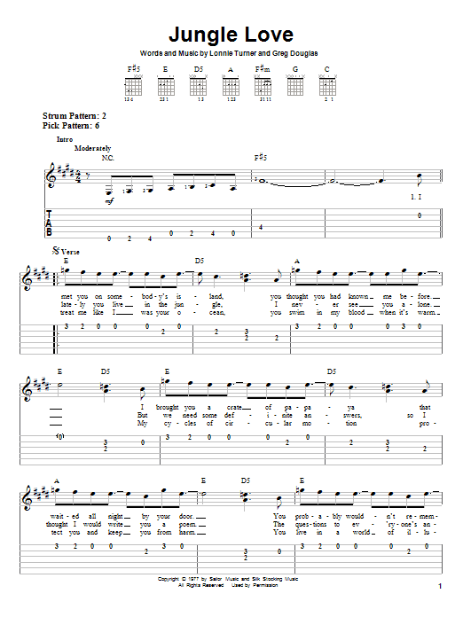 Steve Miller Band Jungle Love sheet music notes and chords arranged for Guitar Tab (Single Guitar)