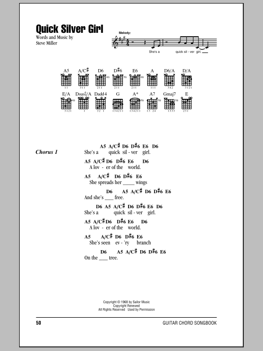 Steve Miller Band Quick Silver Girl sheet music notes and chords arranged for Guitar Chords/Lyrics