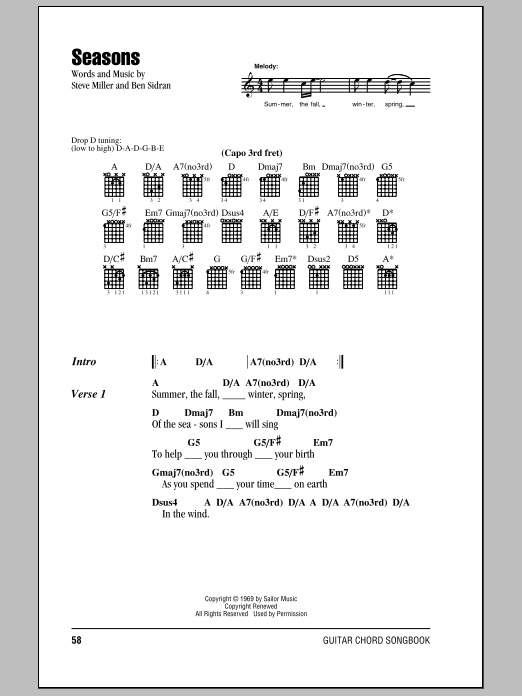 Steve Miller Band Seasons sheet music notes and chords arranged for Guitar Chords/Lyrics