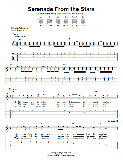 Steve Miller Band Serenade From The Stars sheet music notes and chords arranged for Easy Guitar Tab