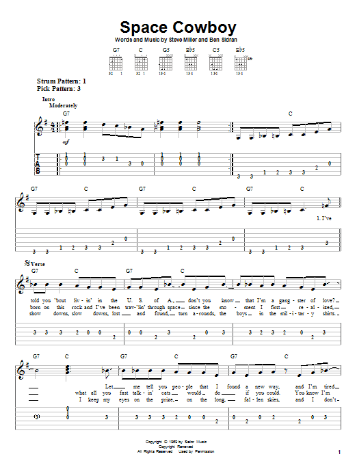 Steve Miller Band Space Cowboy sheet music notes and chords arranged for Guitar Tab