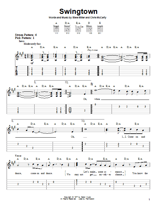 Steve Miller Band Swingtown sheet music notes and chords arranged for Easy Guitar Tab