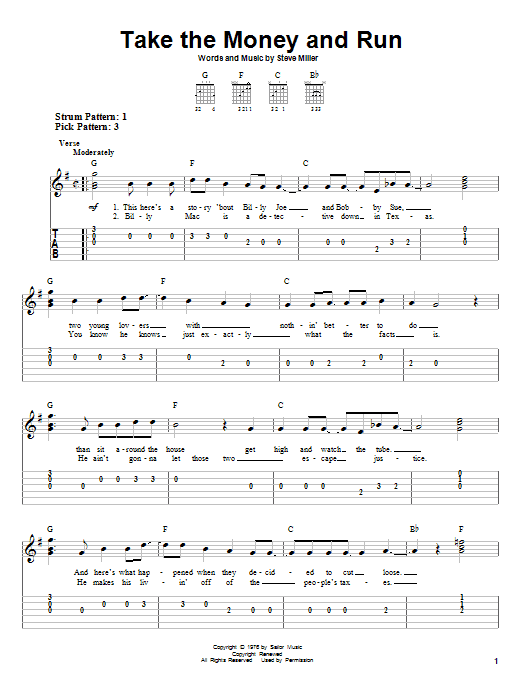 Steve Miller Band Take The Money And Run sheet music notes and chords arranged for Ukulele