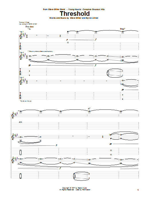 Steve Miller Band Threshold sheet music notes and chords arranged for Guitar Tab