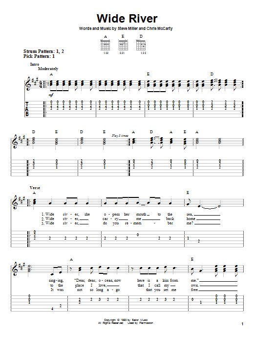 Steve Miller Band Wide River sheet music notes and chords arranged for Piano, Vocal & Guitar Chords (Right-Hand Melody)