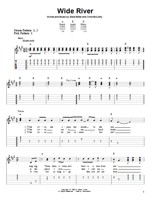 Steve Miller Band Wide River sheet music notes and chords arranged for Easy Guitar Tab