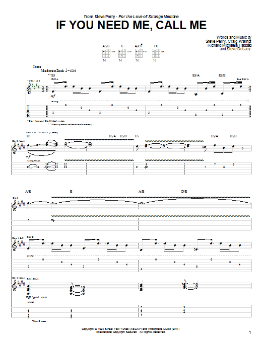 Steve Perry If You Need Me, Call Me sheet music notes and chords arranged for Guitar Tab