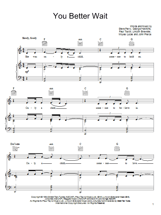 Steve Perry You Better Wait sheet music notes and chords arranged for Guitar Tab