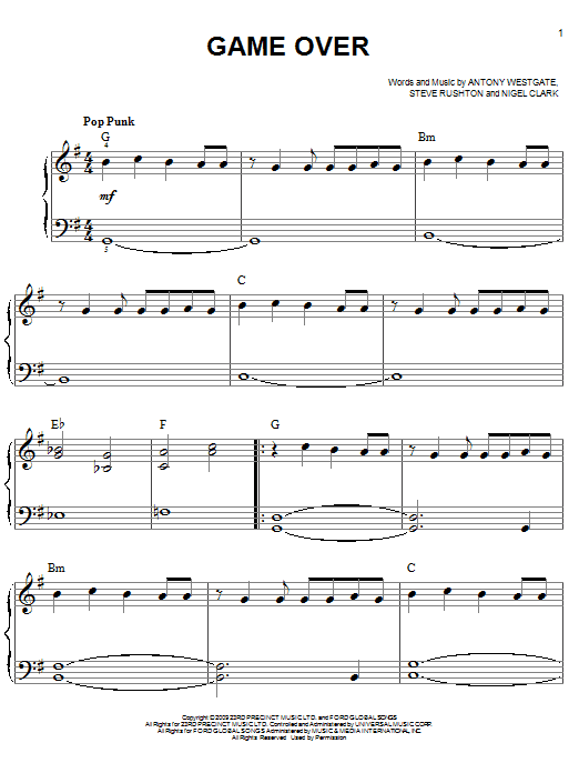 Steve Rushton Game Over (from Hannah Montana: The Movie) sheet music notes and chords arranged for Big Note Piano