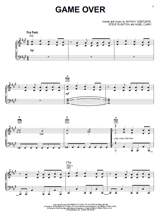 Steve Rushton Game Over sheet music notes and chords arranged for Piano, Vocal & Guitar Chords (Right-Hand Melody)