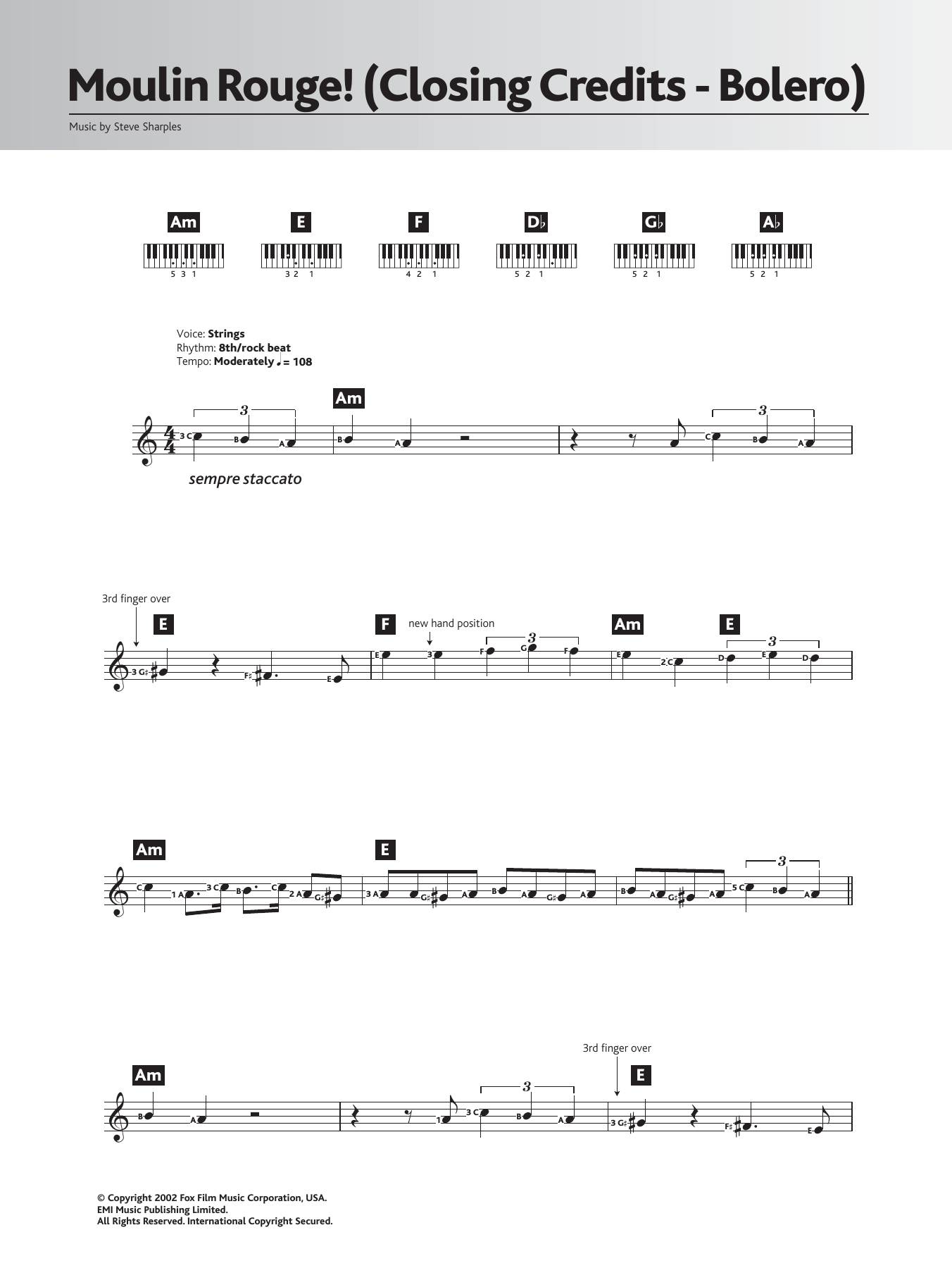 Steve Sharples Bolero (Closing Credits from 'Moulin Rouge') sheet music notes and chords arranged for Piano Chords/Lyrics