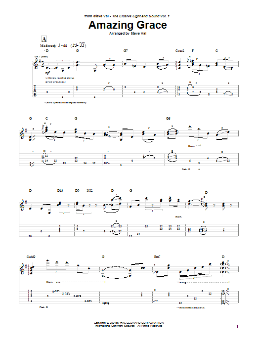 Steve Vai Amazing Grace sheet music notes and chords arranged for Guitar Tab