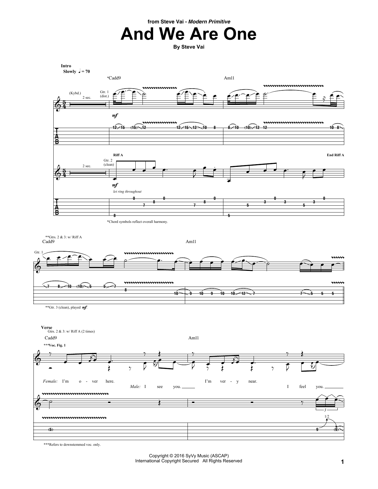 Steve Vai And We Are One sheet music notes and chords arranged for Guitar Tab