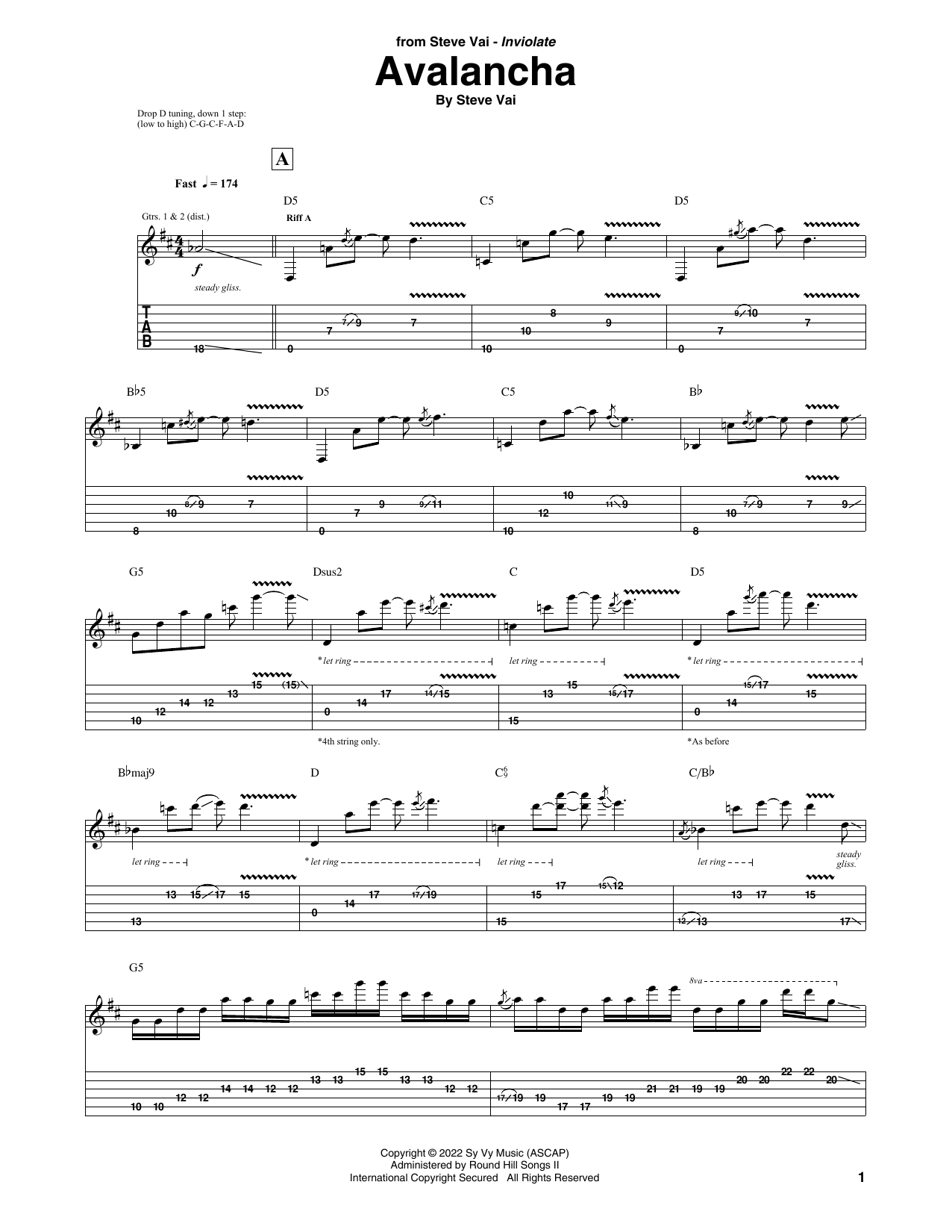 Steve Vai Avalancha sheet music notes and chords arranged for Guitar Tab