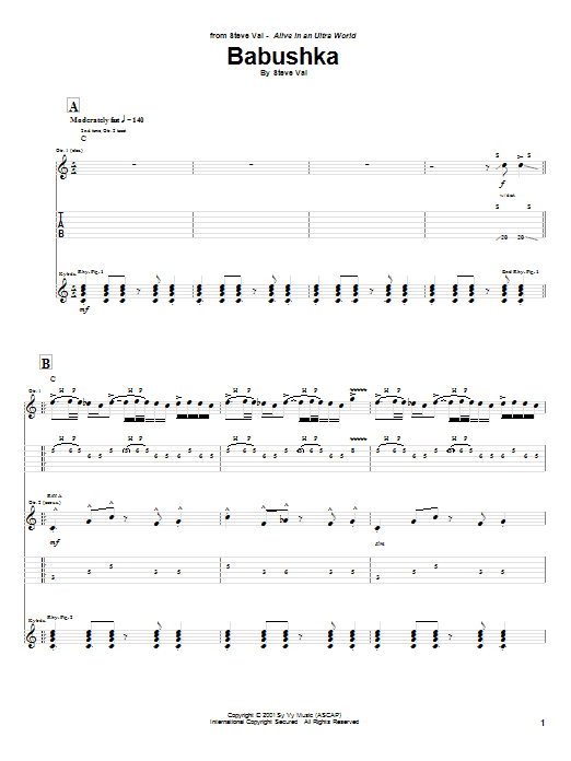 Steve Vai Babushka sheet music notes and chords arranged for Guitar Tab