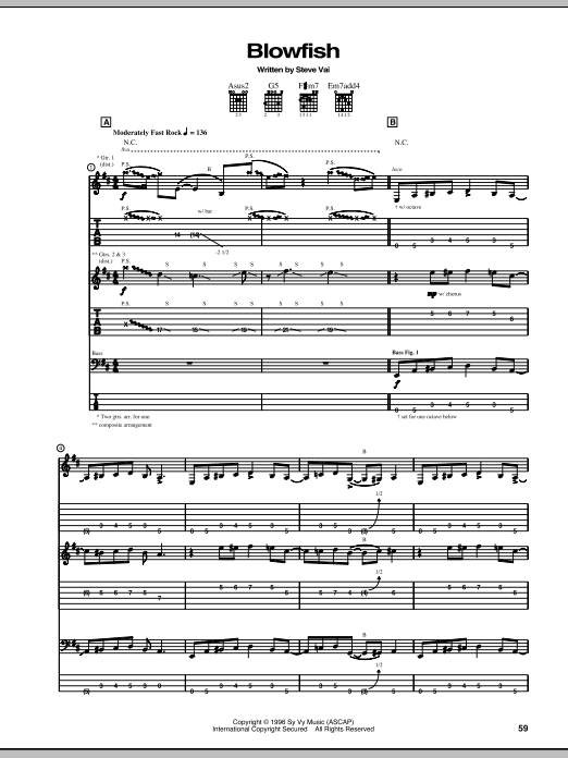 Steve Vai Blowfish sheet music notes and chords arranged for Guitar Tab