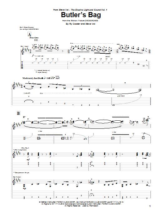 Steve Vai Butler's Bag sheet music notes and chords arranged for Guitar Tab