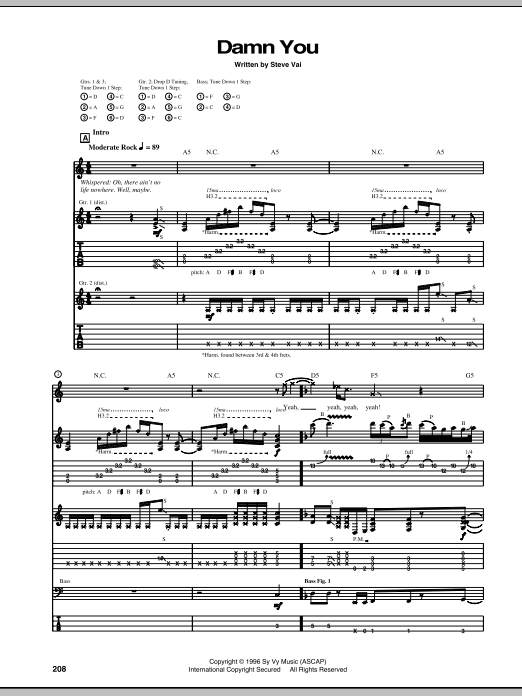 Steve Vai Damn You sheet music notes and chords arranged for Guitar Tab