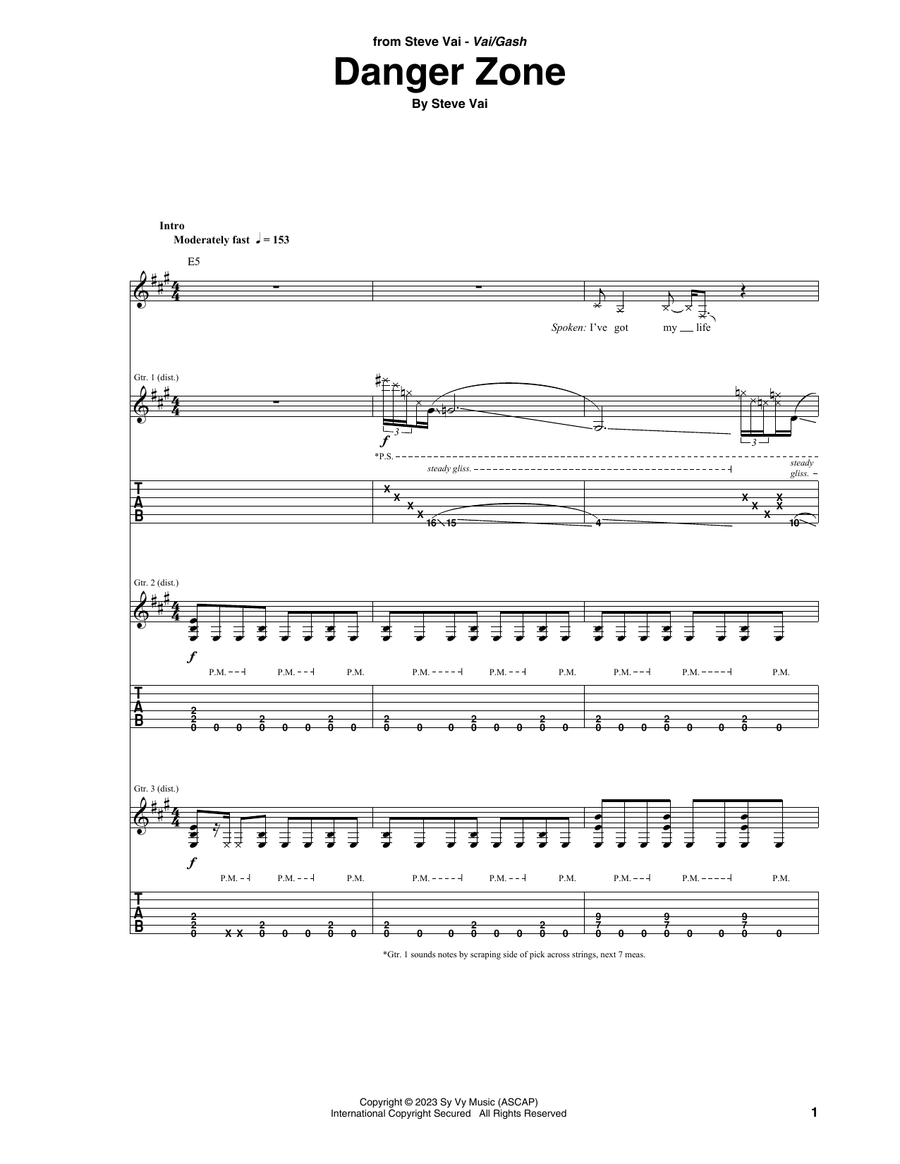 Steve Vai Danger Zone sheet music notes and chords arranged for Guitar Tab