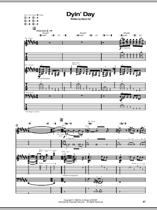 Steve Vai Dyin' Day sheet music notes and chords arranged for Guitar Tab