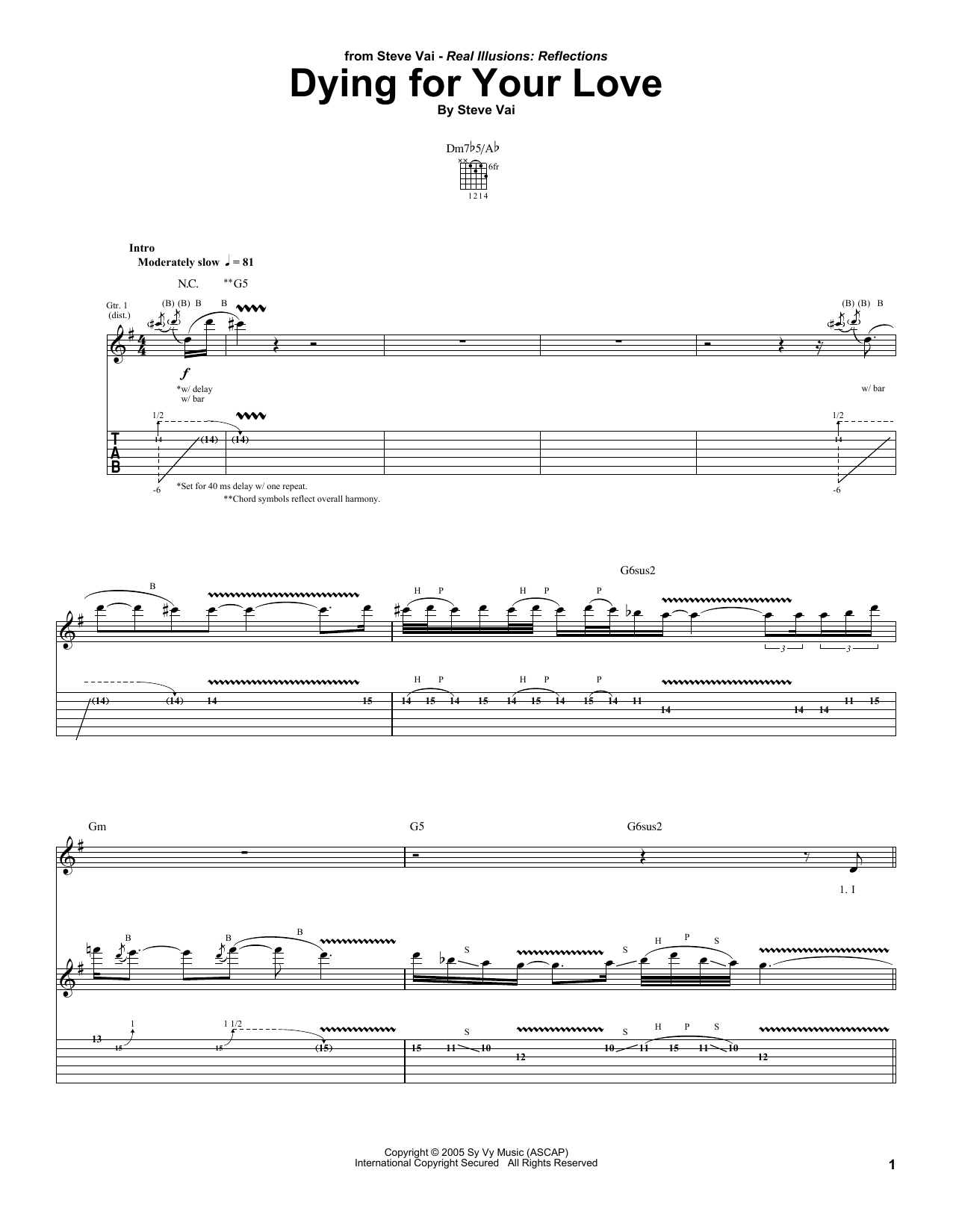 Steve Vai Dying For Your Love sheet music notes and chords arranged for Guitar Tab