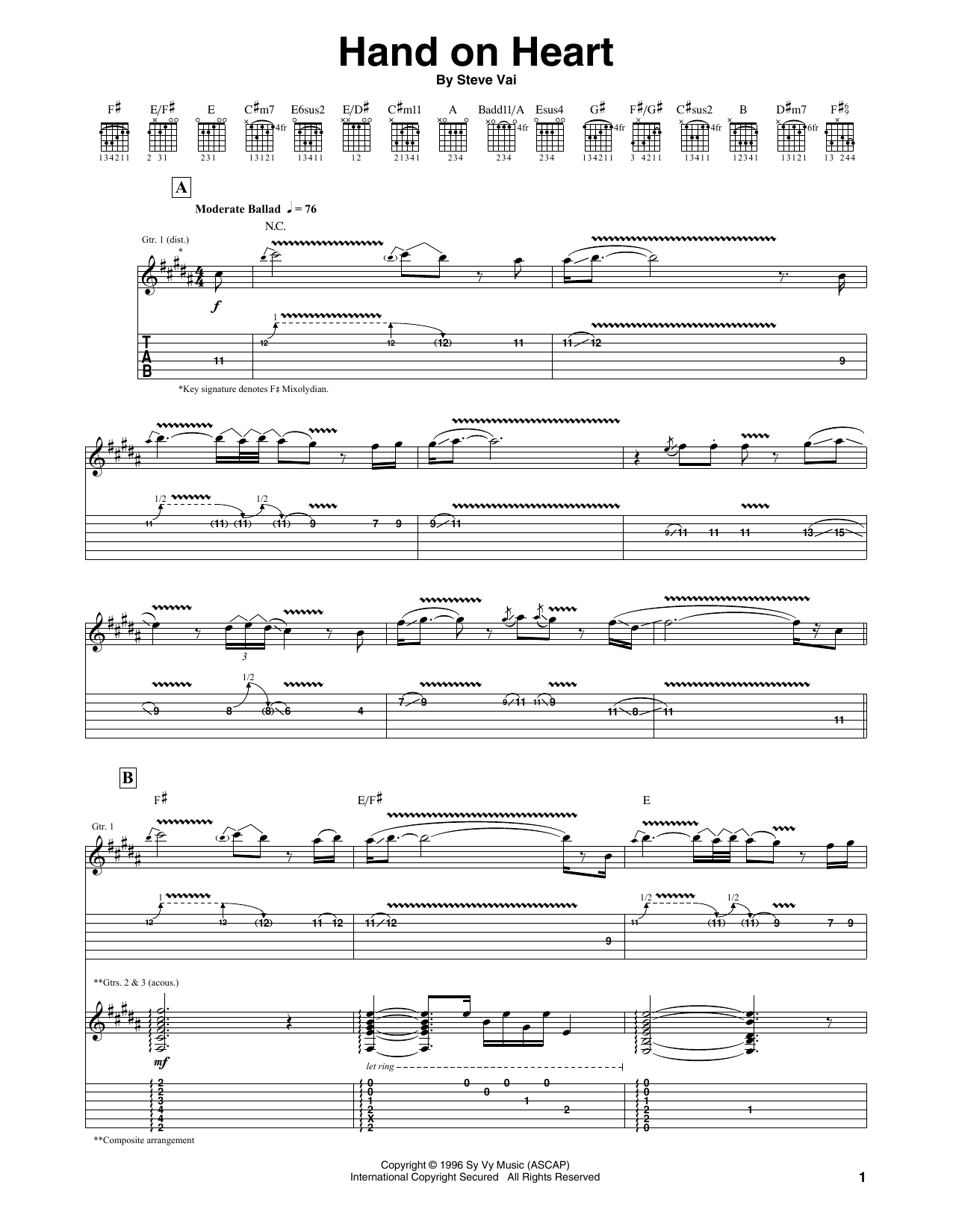 Steve Vai Hand On Heart sheet music notes and chords arranged for Guitar Tab