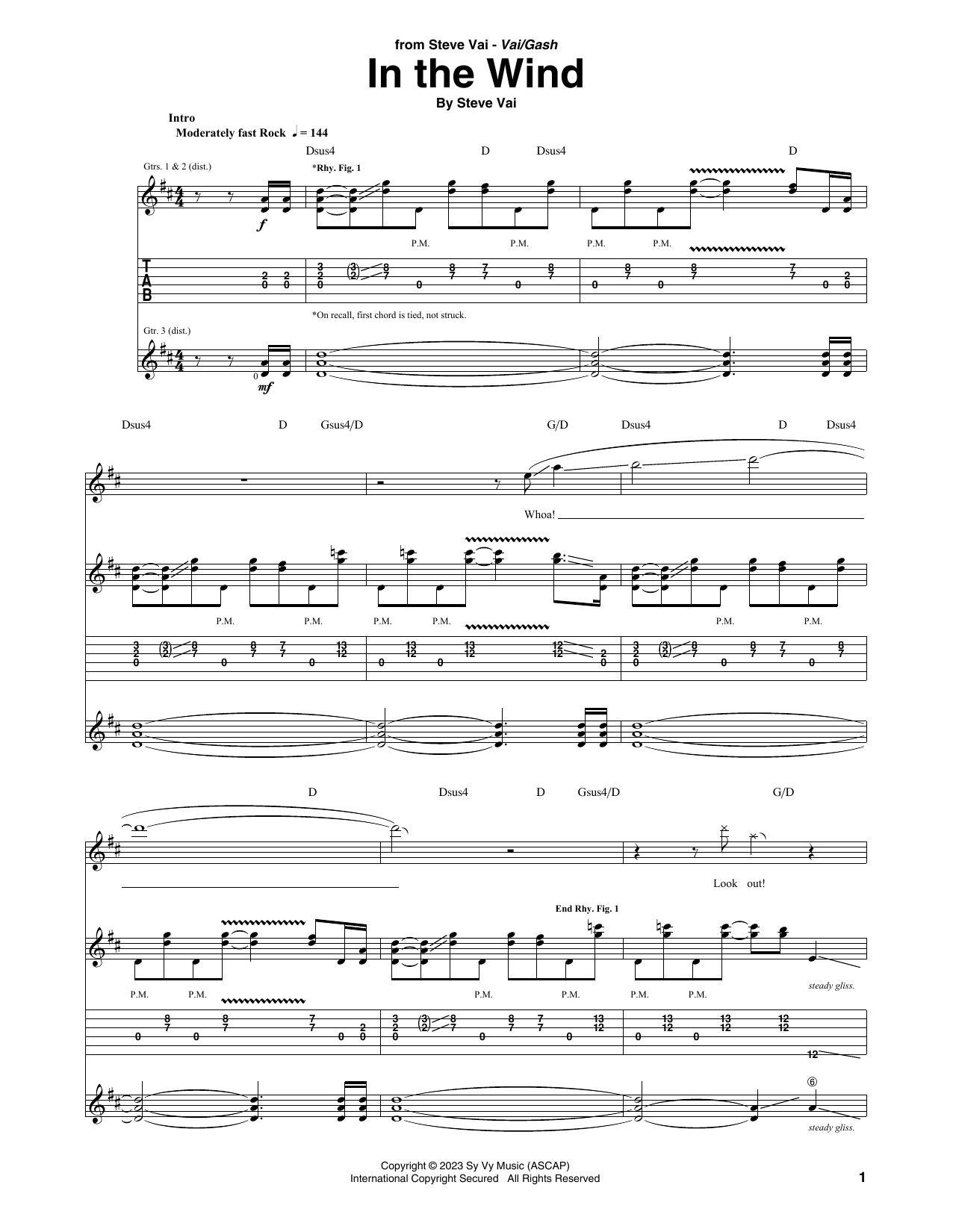 Steve Vai In The Wind sheet music notes and chords arranged for Guitar Tab