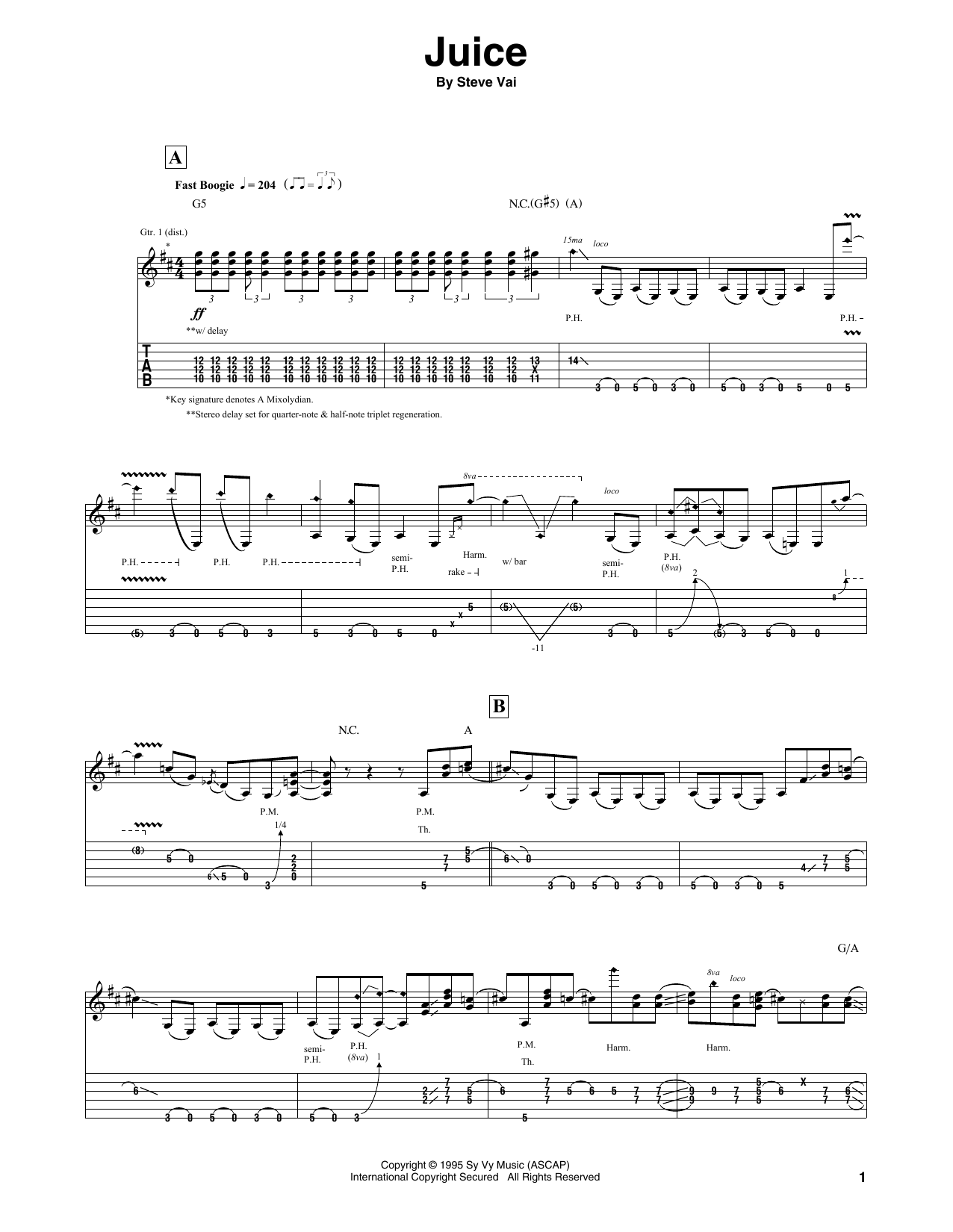 Steve Vai Juice sheet music notes and chords arranged for Guitar Tab