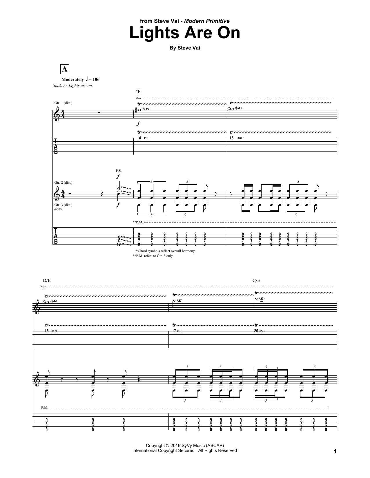 Steve Vai Lights Are On sheet music notes and chords arranged for Guitar Tab