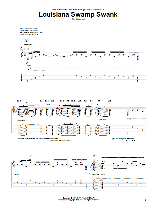 Steve Vai Louisiana Swamp Swank sheet music notes and chords arranged for Guitar Tab