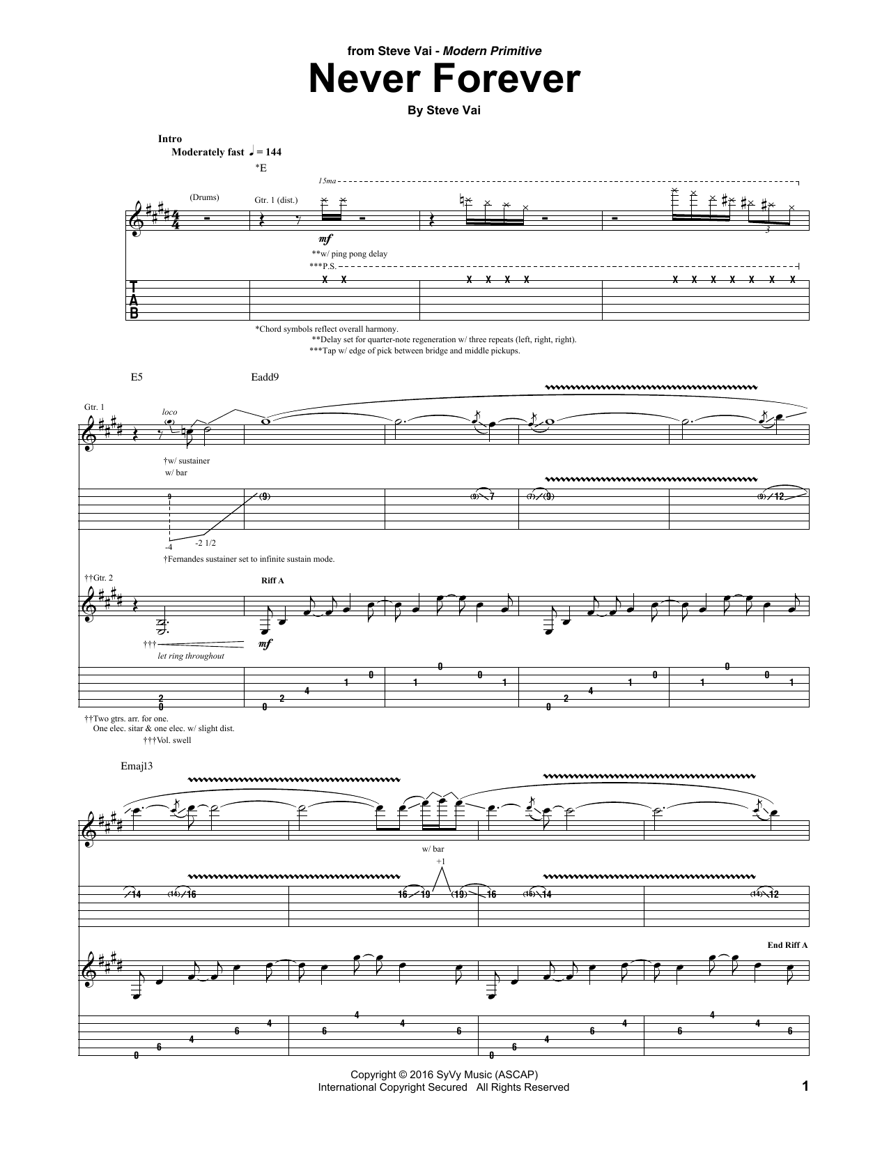 Steve Vai Never Forever sheet music notes and chords arranged for Guitar Tab