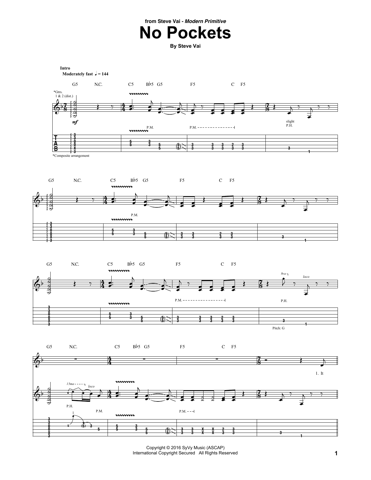 Steve Vai No Pockets sheet music notes and chords arranged for Guitar Tab