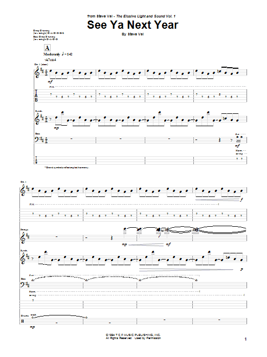 Steve Vai See Ya Next Year sheet music notes and chords arranged for Guitar Tab