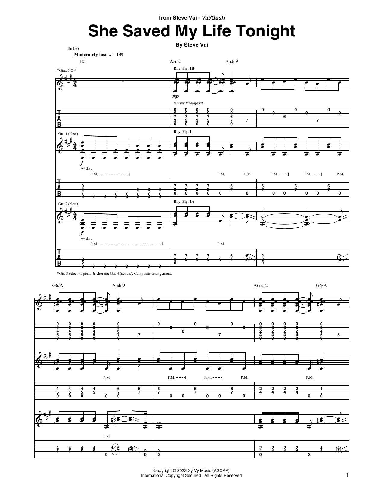 Steve Vai She Saved My Life Tonight sheet music notes and chords arranged for Guitar Tab