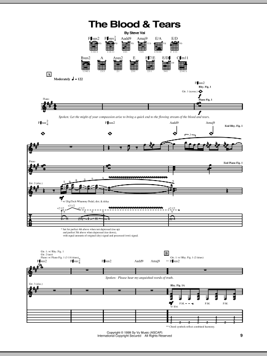 Steve Vai The Blood & Tears sheet music notes and chords arranged for Guitar Tab