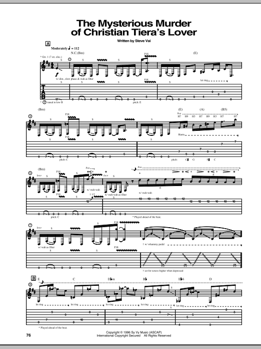 Steve Vai The Mysterious Murder Of Christian Tiera's Lover sheet music notes and chords arranged for Guitar Tab