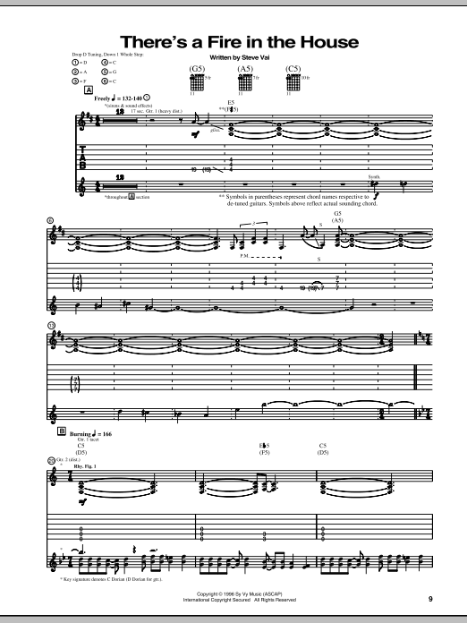 Steve Vai There's A Fire In The House sheet music notes and chords arranged for Guitar Tab