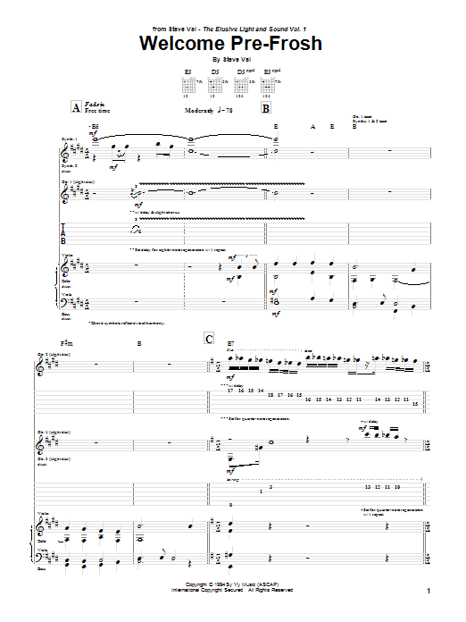 Steve Vai Welcome Pre-Frosh sheet music notes and chords arranged for Guitar Tab