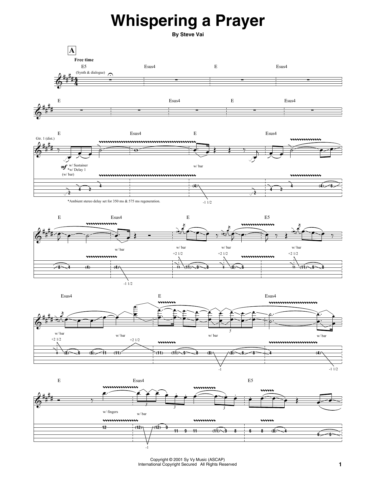 Steve Vai Whispering A Prayer sheet music notes and chords arranged for Guitar Tab